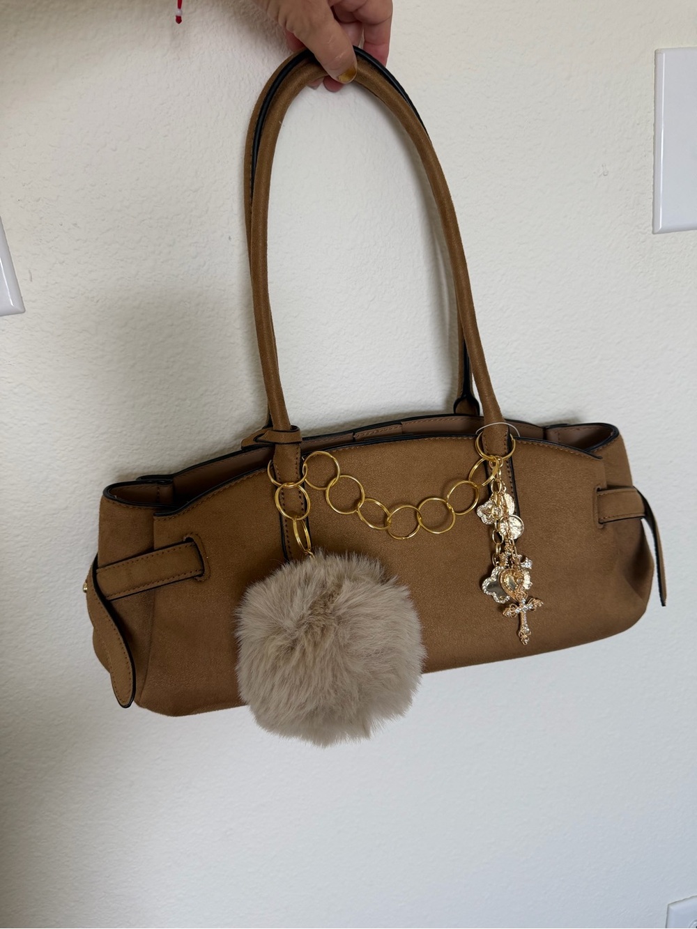 H&M Tan Shoulder Bag with Gold Chain and Pom Pom Charm